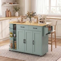 HOMCOM 53" Kitchen Island with Power Outlet and Drop Leaf, Kitchen Cart on Wheels with 360° Rotating Rack, Sage Green(m-9)