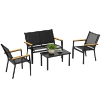 Outsunny Outdoor 4 Piece Set Patio Furniture with Sofa, Tempered Glass Tabletop for Garden Backyard Porch, Black(m-9)