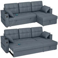 HOMCOM Convertible Sectional Sofa Bed, Pull Out Sleeper Sofa Couch with USB‑A+C, Chaise Storage, L-Shaped Futon Couch, Dark Grey(m-9)