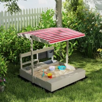 Outsunny Kids Sandbox with Height Adjustable Canopy, Wooden Sandbox Backyard Toy with Kitchen Playset Accessories(m-8)
