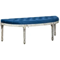 HOMCOM Vintage Semi-Circle End of Bed Bench, Upholstered Bedroom Entryway Bench with Tufted Velvet-Touch Fabric with Rubberwood Legs, Blue(m-1)