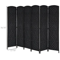 HOMCOM Room Divider 6 Panel, 6FT Tall Folding Privacy Screen, Freestanding Hand-Woven Partition for Room Separation with 360° Hinges, Paper Rope Diamond Weave, Black(m-3)