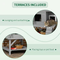 PawHut Wooden Cat House Outdoor with Escape Door, Weatherproof 3-Floor Cat Shelter for 1-2 Feral Cats with Asphalt Roof, Balcony, Stair, Gray(m-7)