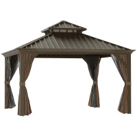 Outsunny 12' x 12' Hardtop Gazebo with Curtains and Netting, Permanent Pavilion Metal Double Roof Gazebo Canopy with Aluminum Frame and Hooks, for Garden, Patio, Backyard, Brown(m-1)