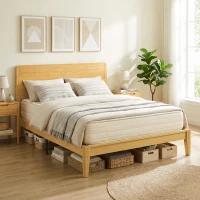 HOMCOM Queen Size Bamboo Platform Bed Frame with Headboard and 12 Poplar Slats, No Box Spring Needed, Easy Assembly, Natural(m-10)