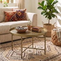 HOMCOM Coffee Table for Living Room, 24" Round Center Table with Hammered Tray Top and Metal Frame for Bedroom, Gold(m-7)