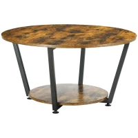 HOMCOM 2-Tier Round Coffee Table with Storage Shelf, Industrial Center Table with Steel Frame for Living Room, Rustic Brown(m-2)