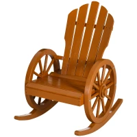 Outsunny Wooden Rocking Chair, Adirondack Rocker Chair w/Slatted Design and Oversized Back, Outdoor Rocking Chair with Wagon Wheel Armrest for Porch, Poolside, and Garden, Teak(m-11)