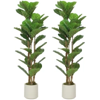 HOMCOM 4FT Artificial Fiddle Leaf Fig Tree Set of 2, Fake Potted Tree with Solid Wood Trunks for Indoor Decor, Green(m-9)