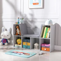 HOMCOM 6-Cubby Kids Bookcase with Reading Nook and Cushion, Multi-Purpose Storage Organizer for Bedroom, Living Room, Grey(m-10)