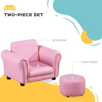 Qaba Kids Sofa Set with Footstool, Upholstered Armchair for Kids 18M+, Baby Sofa for Playroom, Children's Bedroom, Nursery Room, Pink(m-4)