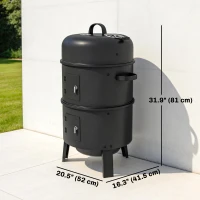 Outsunny 3-in-1 Vertical Charcoal Smoker with 2 Grill Grates, Built-in Thermometer, Adjustable Vent, 2 Doors(m-3)