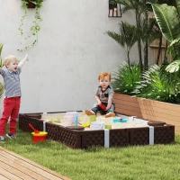Qaba Kids Sandbox with Cover, 4 Corner Seats, Bottom Liner for Backyard, Garden, Outdoor, 73" x 47" x 9", Dark Brown(m-2)