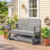 Outsunny Patio Glider Bench w/ HDPE Slatted Double Rocking Chair, Light Gray(m-10)