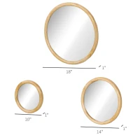 HOMCOM Set of 3 Wood Wall Mirror, Home Modern Round Mirror for Wall in Living Room, Bedroom, Natural(m-3)
