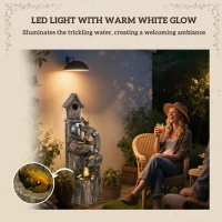Outsunny Outdoor Water Fountain, Decorative Garden Birdhouse, 3-Tier Cascading Waterfall with LED Lights and Water Wheel(m-5)