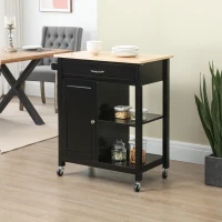 HOMCOM Kitchen Island Cart, Rolling Kitchen Island with Storage Shelf, Solid Wood Top, Drawer, for Dining Room, Black(m-10)