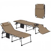 Outsunny 2 Piece Folding Chaise Lounge Pool Chairs with 5-level Reclining Back, Reading Hole, Side Pocket, Beige(m-11)