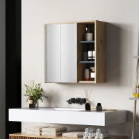 HOMCOM Wall Mount Medicine Cabinet with Mirror, Bathroom Cabinet Storage Organizer with 2 Doors, Cupboards and Shelves, Natural(m-1)
