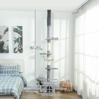 PawHut Floor to Ceiling Cat Tree, 4 Tiers Tall Kitty Climbing Tower with Scratching Post, Adjustable Height 87-100"(m-3)