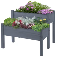 Outsunny 34"x34"x28" Raised Garden Bed 2-Tier Wooden Planter Box for Backyard, Patio to Grow Vegetables, Herbs and Flowers, Gray(m-11)