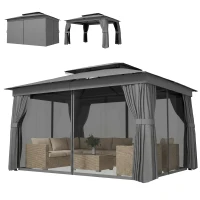 Outsunny 10' x 12.5' Outdoor Gazebo with Curtains and Netting, Double Roof Metal Patio Gazebo Canopy Shelter with Hook, Dark Grey(m-2)
