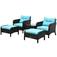Outsunny 5 Pieces Rattan Wicker Lounge Chair Outdoor Patio Conversation Set with 2 Cushioned Chairs, 2 Ottomans and Tempered Glass Top Coffee Table, Brown/Blue(m-11)
