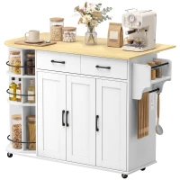 HOMCOM 53" Kitchen Island with Power Outlet and Drop Leaf, Kitchen Cart on Wheels with 360° Rotating Rack, White(m-11)