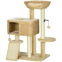 PawHut Cat Tree for Indoor Cats w/ Scratching Posts, Condo Cat Tower, Beige(m-1)