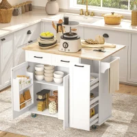 HOMCOM Kitchen Island on Wheels with Wood Drop Leaf, Charging Station, Rolling Kitchen Cart with Adjustable Shelf, White(m-1)
