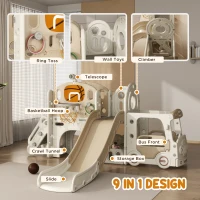 Qaba 9 in 1 Toddler Slide for Kids Ages 1-6 with Bus Front, Basketball Hoop, Climber, Storage Space, Ring Toss, Cream White(m-4)