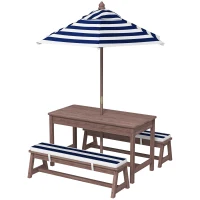 Qaba Outdoor Wooden Kids Picnic Table & Bench Set with Cushions and Umbrella, for Patio, Garden, Navy Blue(m-1)