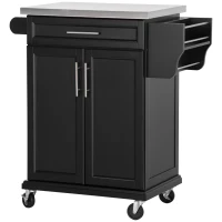 HOMCOM Kitchen Island on Wheels, Rolling Kitchen Cart with Stainless Steel Countertop, Drawer, Towel Rack and Spice Rack, Utility Storage Trolley, Black(m-11)