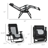Outsunny Foldable Outdoor Lounge Chair with Footrest, Oversized Padded Zero Gravity Lounge Chair with Headrest, Side Tray, Cup Holders, Armrests for Camping, Lawn, Garden, Black(m-3)
