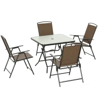 Outsunny 5 Pieces Patio Table and Chairs, Foldable Wicker Outdoor Dining Table Set with Umbrella Hole, Dark Brown(m-11)