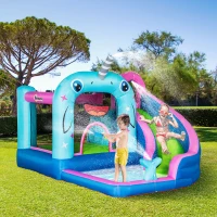 Outsunny 5-in-1 Inflatable Water Slide, Narwhal Theme Bounce House with Climbing Wall, Water Cannon, Water Pool, Trampoline, Repair Patch and 450W Air Blower(m-3)