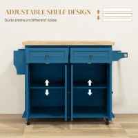 HOMCOM Kitchen Island on Wheels, Rolling Cart with Rubberwood Top, Spice Rack, Towel Rack and Drawers, Turquoise(m-5)