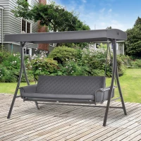 Outsunny 3 Person Patio Swing Chair Bed, Converting Flatbed, Outdoor Porch Swing Bed Glider with Adjustable Canopy, Removable Cushions, Pillows, for Garden, Poolside, Backyard, Dark Gray(m-2)