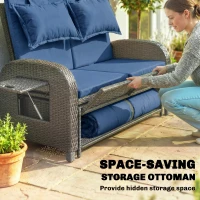 Outsunny Patio Rattan Daybed, Wicker Outdoor Daybed with Storage Ottoman, Loveseat w/ Adjustable Backrest, Navy Blue(m-8)