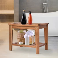 HOMCOM Acacia Wood Shower Bench Seat with Towel Shelf, 2-Tier Bathroom Spa Bathing Stool(m-10)
