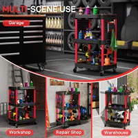 HOMCOM 3-Tier Rolling Tool Cart, 200 LBS Capacity Plastic Utility Cart with Side Shelves for Garage Workshop, Black and Red(m-6)