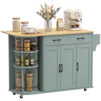 HOMCOM 53" Kitchen Island with Power Outlet and Drop Leaf, Kitchen Cart on Wheels with 360° Rotating Rack, Sage Green(m-1)