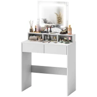 HOMCOM Makeup Vanity Desk with Mirror and LED Lights, for Bedroom, Modern Dressing Table with Drawers, Compartments, White(m-2)