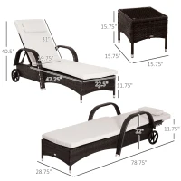 Outsunny Wicker Outdoor Chaise Lounge Chair Set of 3 with Side Table, 5-Level Adjustable Backrest PE Rattan Pool Lounge Chair with Wheels, Cushion & Headrest, Brown and Cream White(m-3)
