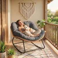 Outsunny Indoor Outdoor Papasan Rocking Chair, Oversized Rocking Egg Chair with Cushion for Garden, Patio, Dark Gray(m-8)