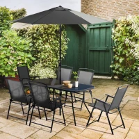 Outsunny 8 Piece Patio Dining Set with Table Umbrella, 6 Folding Chairs and Rectangle Dining Table, Outdoor Patio Furniture Set, Black(m-2)