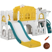 Qaba 9 in 1 Toddler Slide for Kids Age 1-3 Years with Basketball Hoop, Climber, Telescope, Tunnel, Steering Wheel, Aisle(m-1)