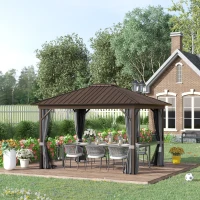Outsunny 10' x 12' Hardtop Gazebo with Curtains and Netting, Permanent Pavilion Metal Single Roof Gazebo Canopy with Aluminum Frame and Hooks, for Garden, Patio, Backyard, Gray(m-10)