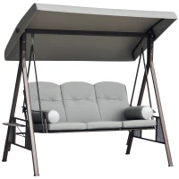 Outsunny Outdoor Patio 3-Person Steel Canopy Cushioned Seat Bench Swing with Included Side Trays & Padded Comfort, Light Grey(m-9)