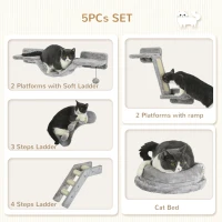 PawHut 5PCs Cat Wall Shelves with Steps, Perches, Ladders, Platforms, Gray(m-5)